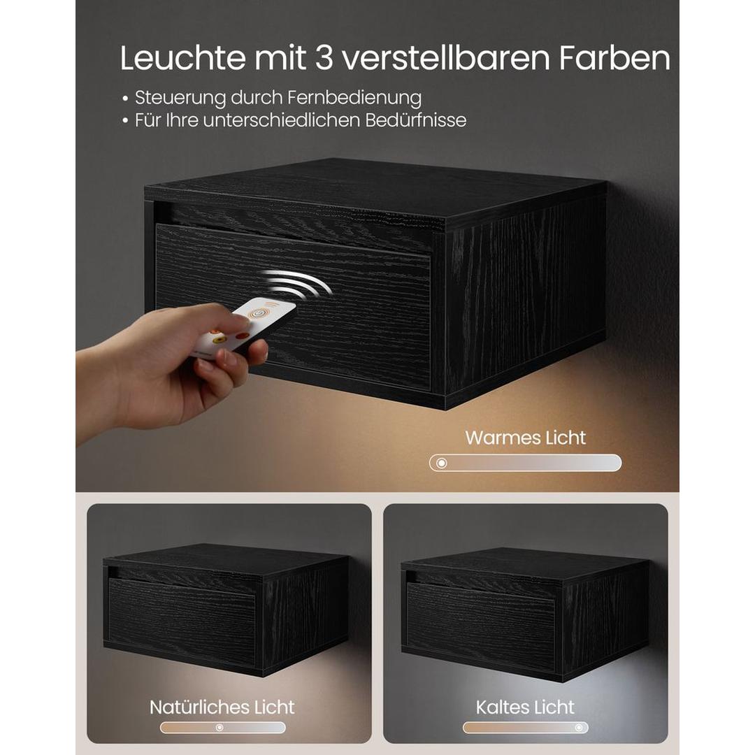 Hangend Nachtkastje met Verlichting in 3 Lichtkleuren – Wandgemonteerd Bedmeubel voor Slaapkamer