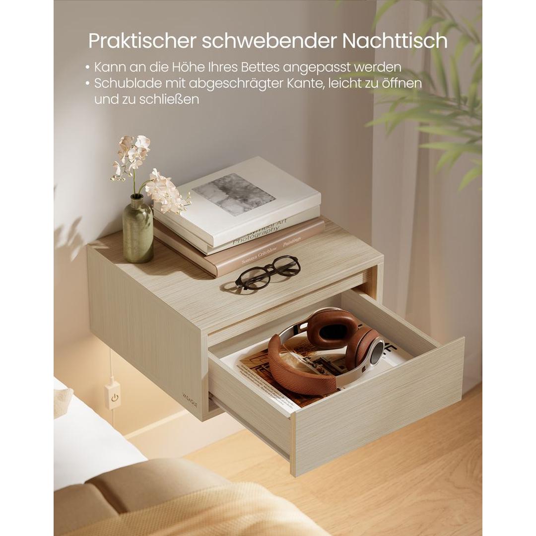Hangend Nachtkastje met Verlichting in 3 Lichtkleuren – Wandgemonteerd Bedmeubel voor Slaapkamer