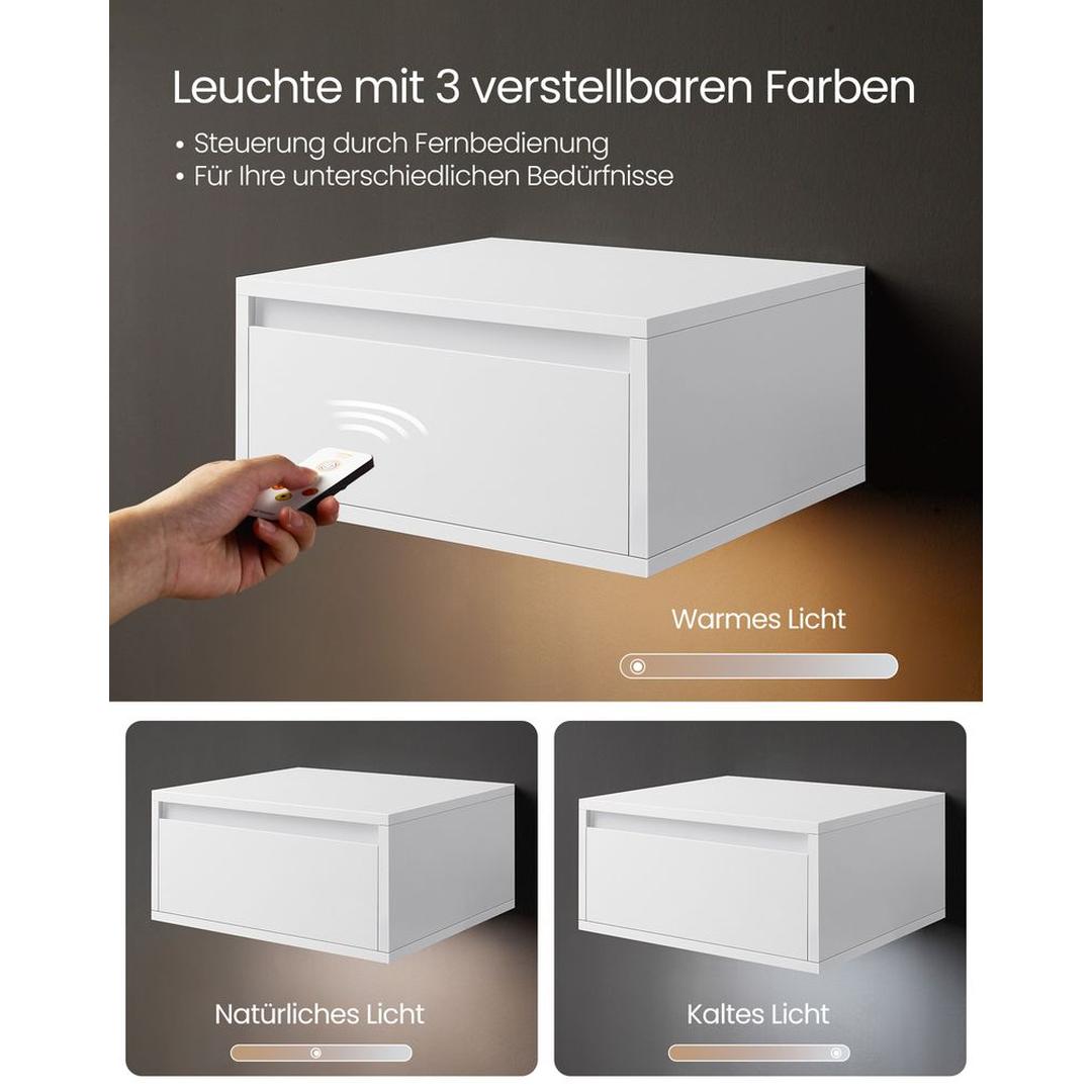 Hangend Nachtkastje met Verlichting in 3 Lichtkleuren – Wandgemonteerd Bedmeubel voor Slaapkamer