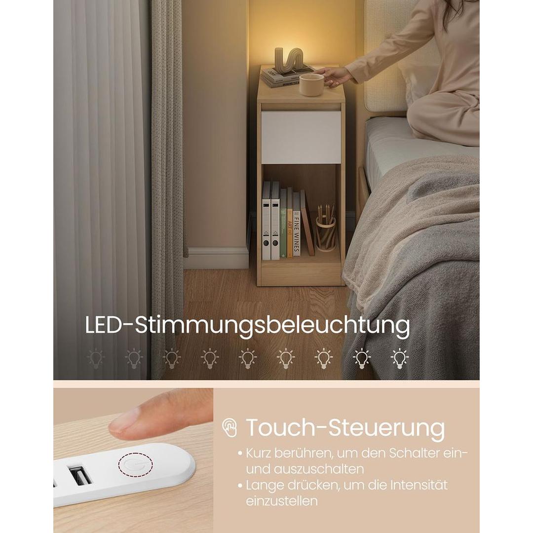 Compact Nachtkastje met LED-Verlichting en USB-A & USB-C Aansluitingen – Praktisch Bedmeubel met Oplaadfunctie