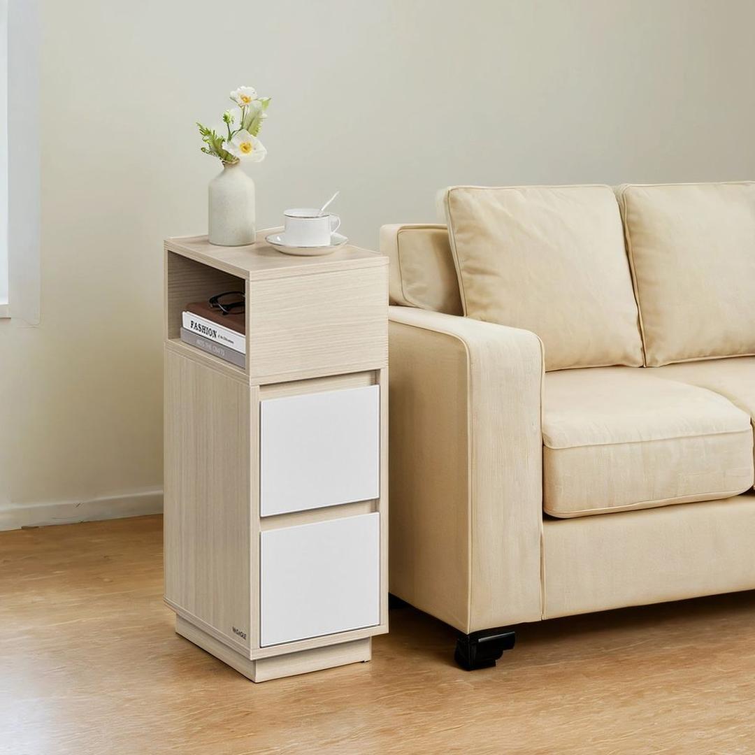 Smalle Nachtkastje met 2 Lades en Open Vak – Compacte Bijzettafel voor Slaapkamer of Woonruimte