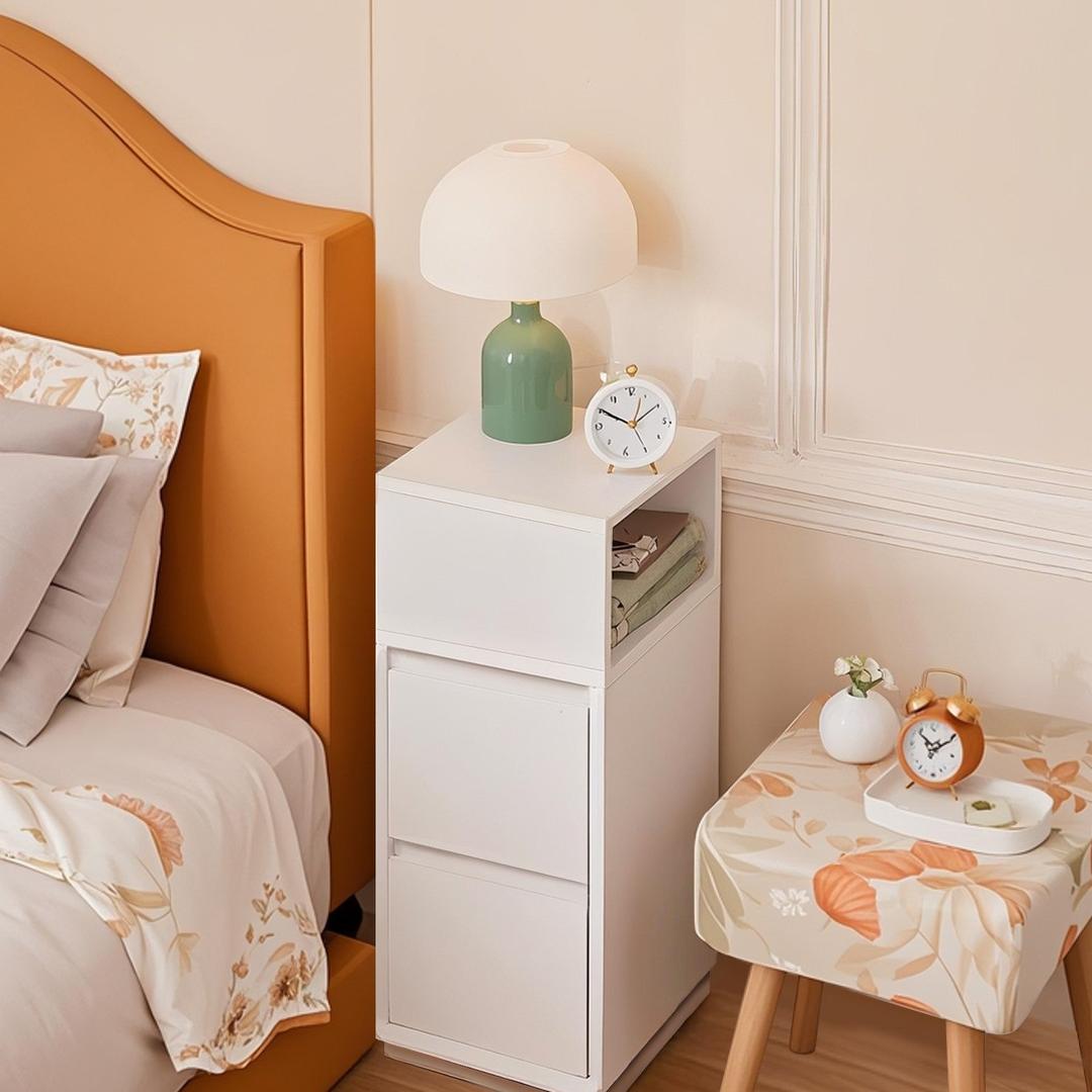 Smalle Nachtkastje met 2 Lades en Open Vak – Compacte Bijzettafel voor Slaapkamer of Woonruimte
