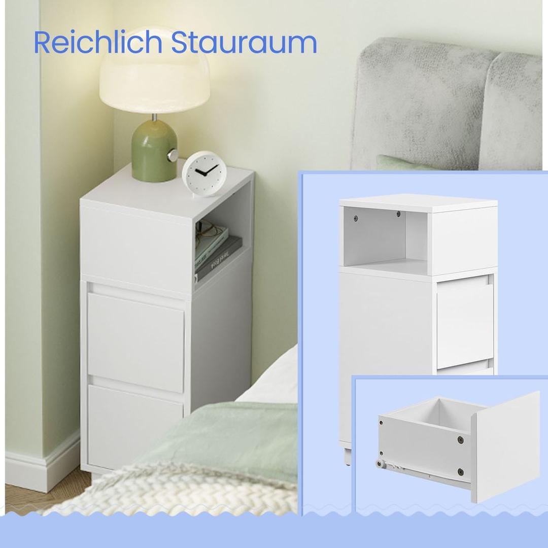 Smalle Nachtkastje met 2 Lades en Open Vak – Compacte Bijzettafel voor Slaapkamer of Woonruimte