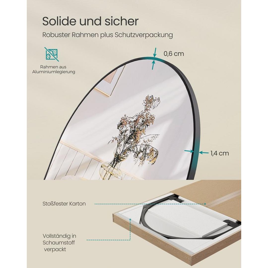 Staande Passpiegel met Gebogen Design – Vrijstaande of Wandspiegel met Aluminium Frame, 160 × 50 cm