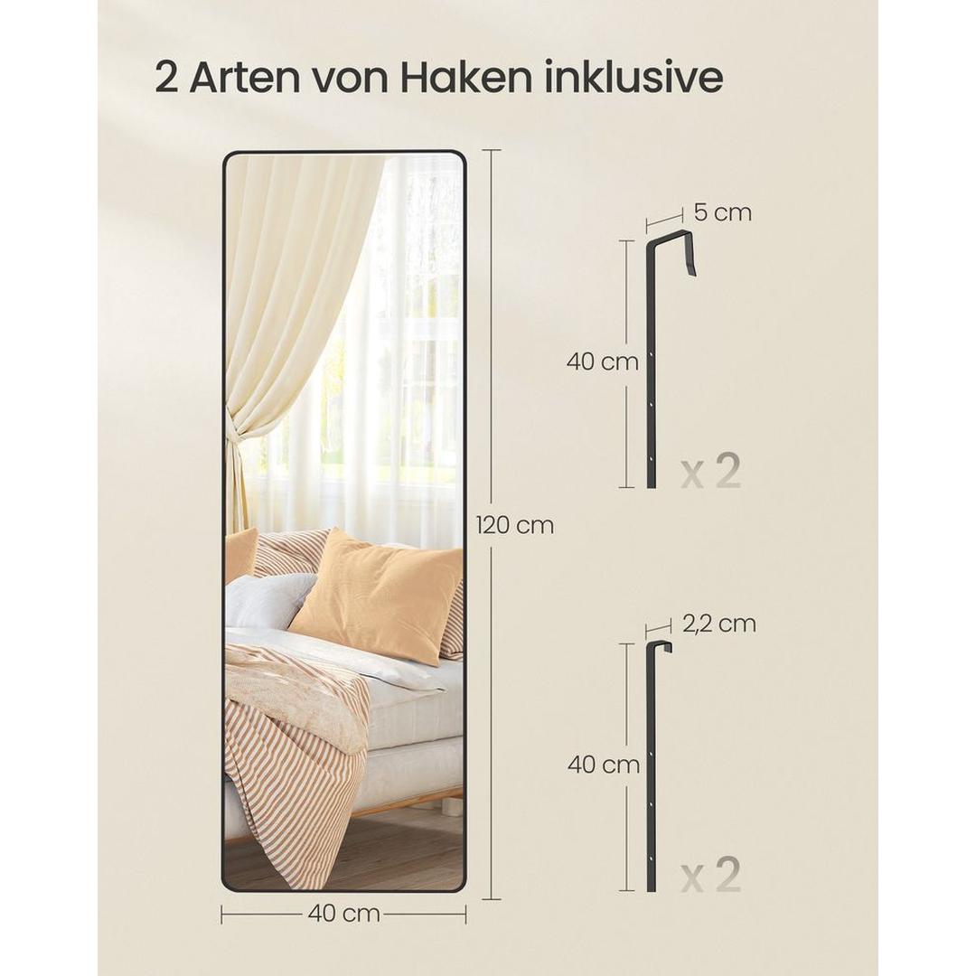 Volledige Lichaamsspiegel met Wand- en Deurbevestiging – Rechthoekige Spiegel met Aluminium Frame, 120 × 40 cm