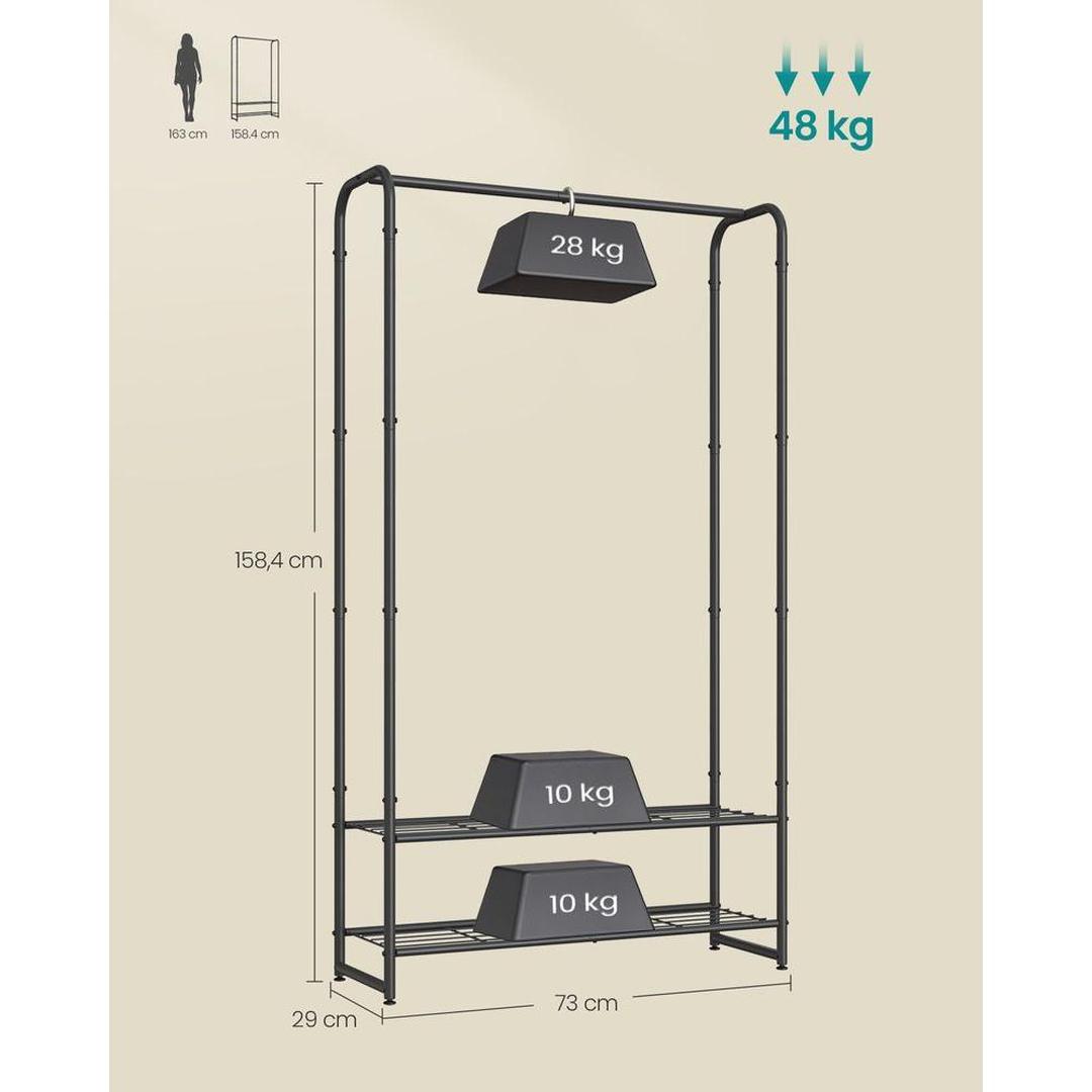 Kledingrek zwart metaal – open garderoberek – met legplanken en verstelbare voeten – 73 cm breed – 48 kg draagvermogen