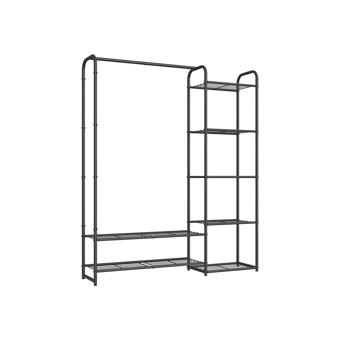 Kledingrek zwart metaal – open garderoberek – met legplanken en verstelbare voeten – 73 cm breed – 48 kg draagvermogen