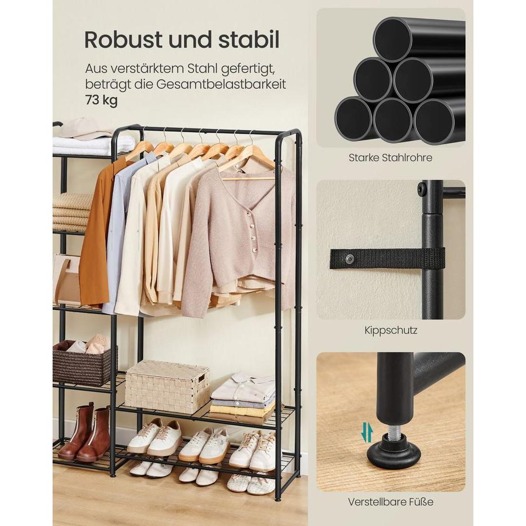 Kledingrek zwart metaal – open garderoberek – met legplanken en verstelbare voeten – 73 cm breed – 48 kg draagvermogen
