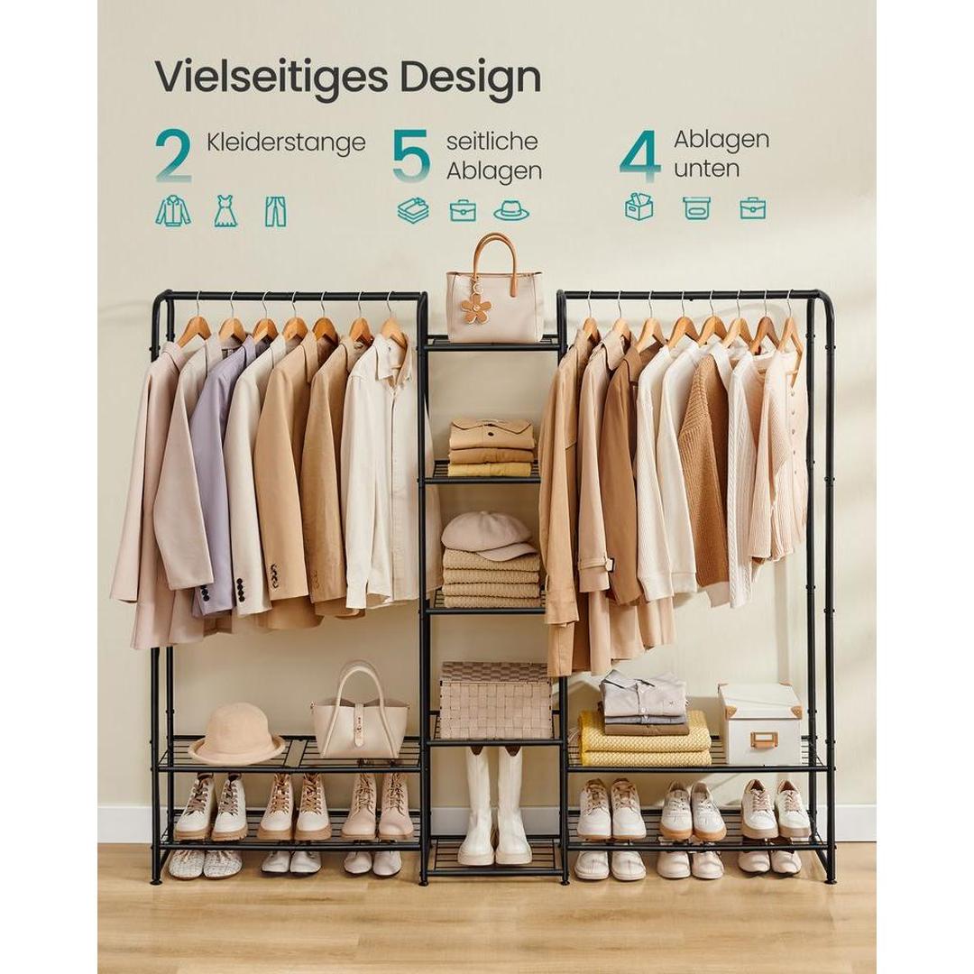 Kledingrek zwart metaal – open garderoberek – met legplanken en verstelbare voeten – 73 cm breed – 48 kg draagvermogen