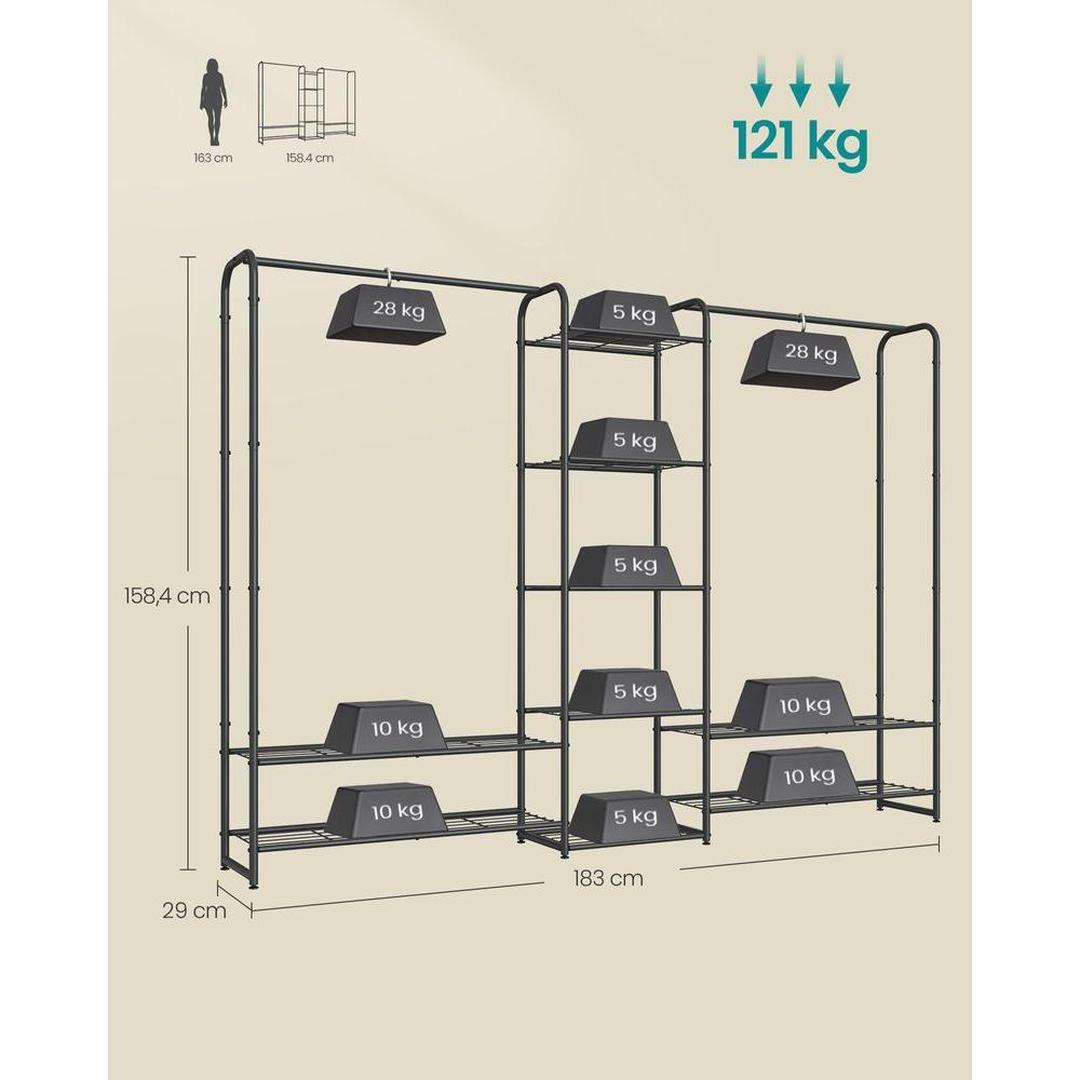 Kledingrek zwart metaal – open garderoberek – met legplanken en verstelbare voeten – 73 cm breed – 48 kg draagvermogen
