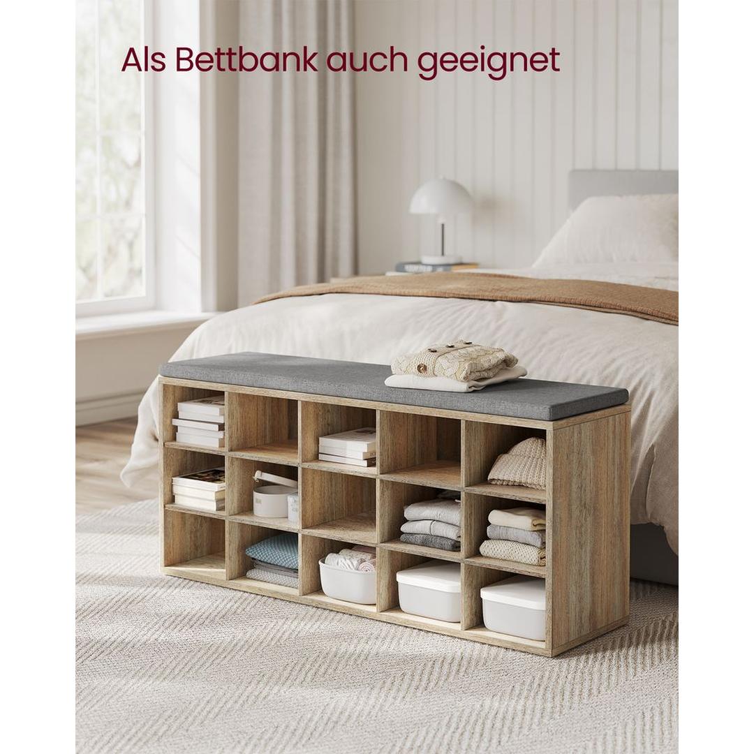 Schoenenbank met 15 Opbergvakken – Gestoffeerde Zitbank met Schoenenrek voor Hal of Entree