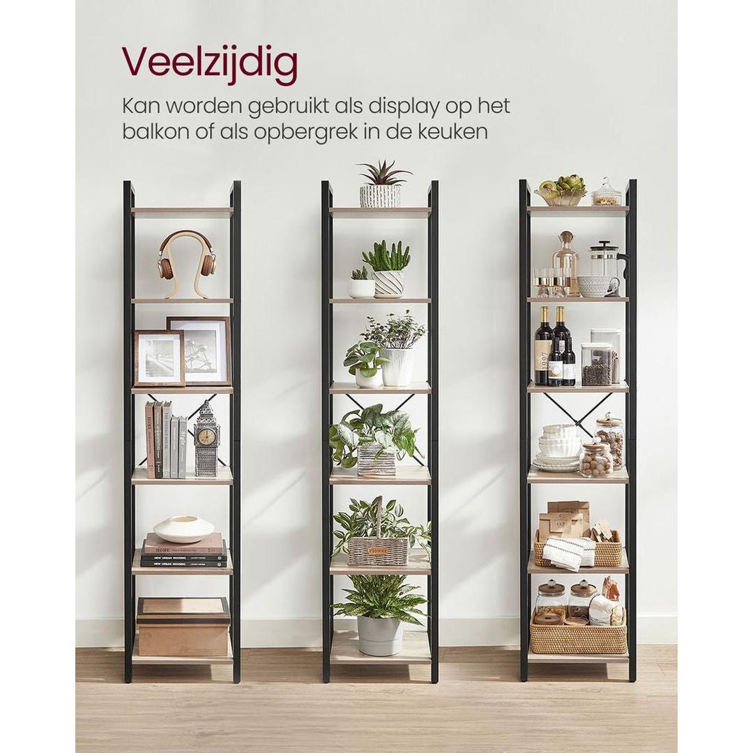 Boekenkast met 6 Legplanken – Industrieel Opbergrek van Staal en Spaanplaat, 30 × 40 × 187,5 cm