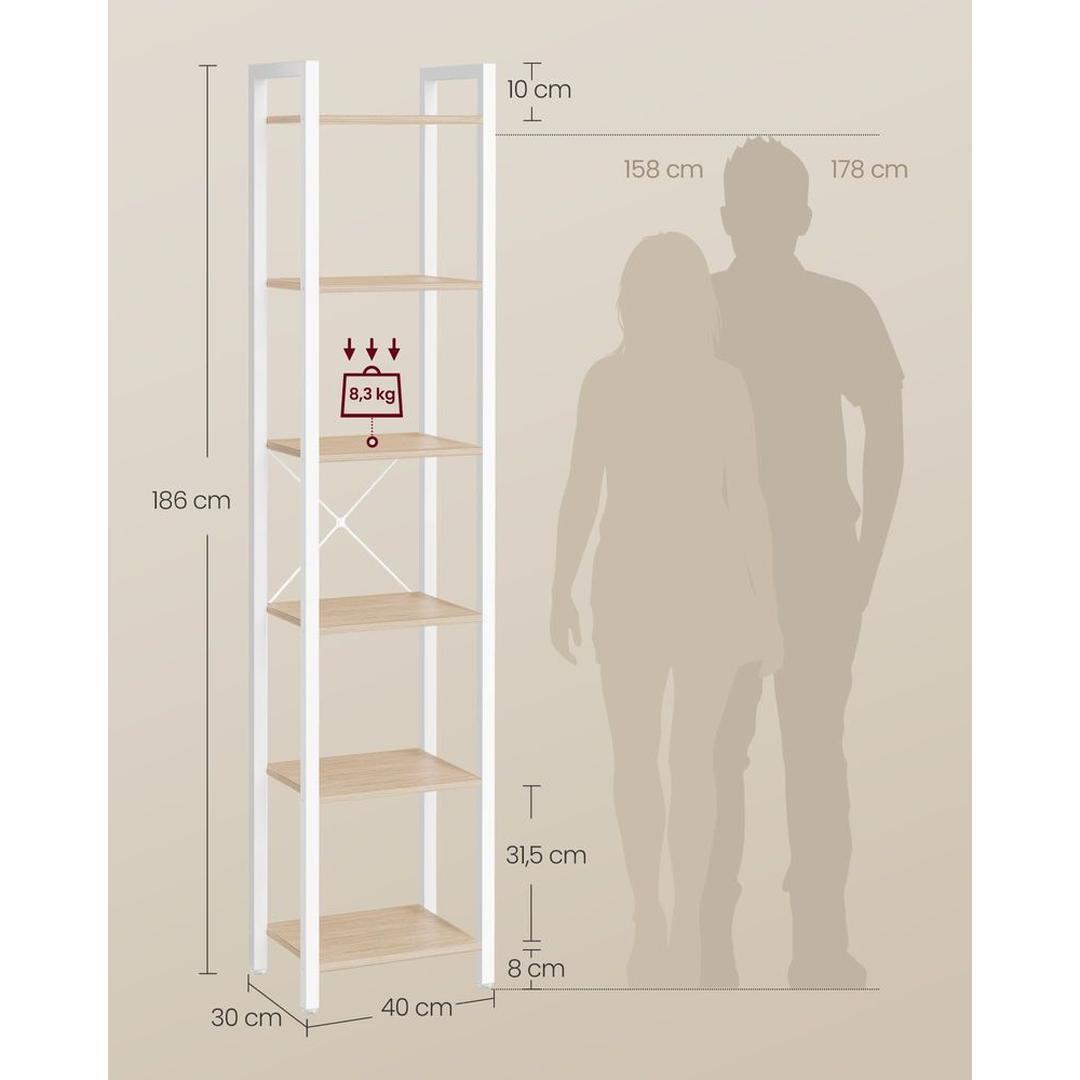 Boekenkast met 6 Legplanken – Industrieel Opbergrek van Staal en Spaanplaat, 30 × 40 × 187,5 cm