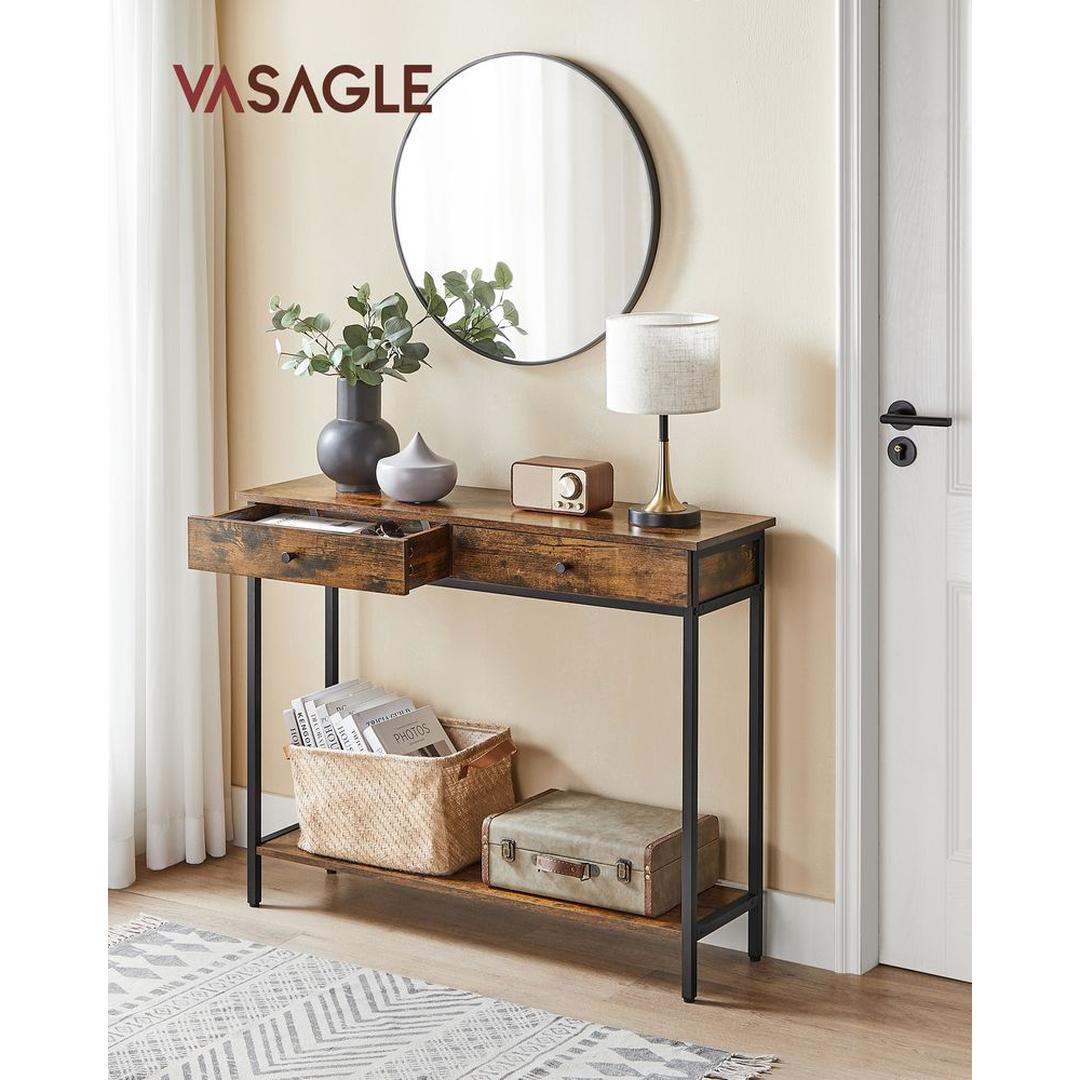 Smalle Sidetable met 2 Lades en Stalen Frame – Vintagebruin met Zwart Onderstel – Praktische Haltafel