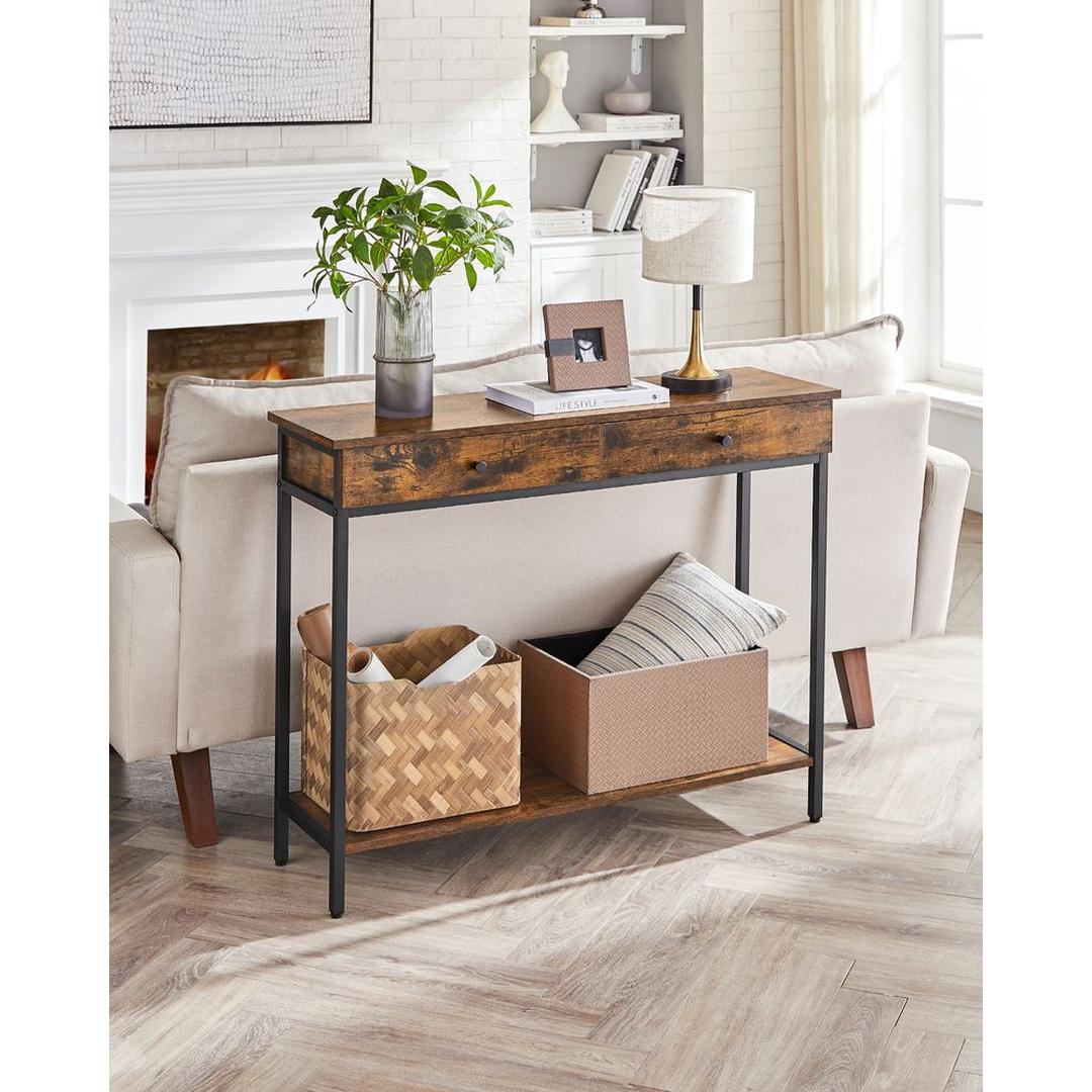Consoletafel met 2 Lades en Stalen Frame – Industriële Entreetafel van Spaanplaat in Vintage Bruin-Zwart