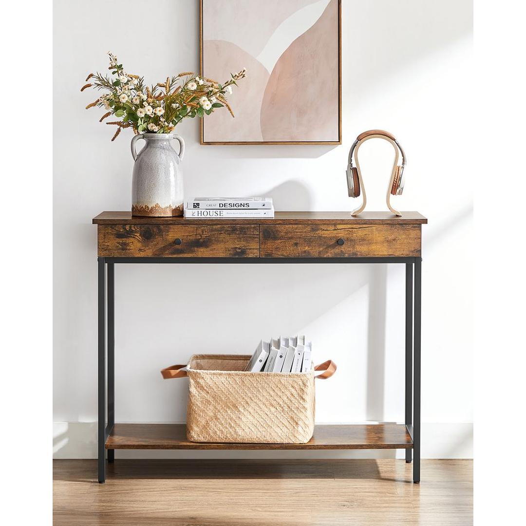 Consoletafel met 2 Lades en Stalen Frame – Industriële Entreetafel van Spaanplaat in Vintage Bruin-Zwart
