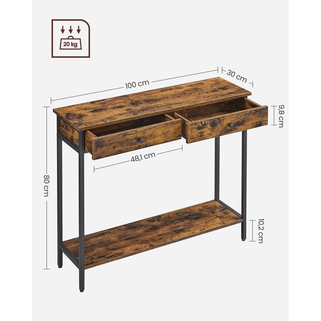 Consoletafel met 2 Lades en Stalen Frame – Industriële Entreetafel van Spaanplaat in Vintage Bruin-Zwart
