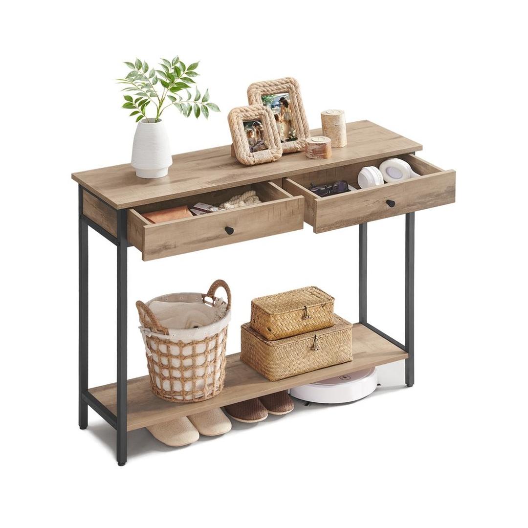 Consoletafel met 2 Lades en Stalen Frame – Industriële Entreetafel van Spaanplaat in Vintage Bruin-Zwart