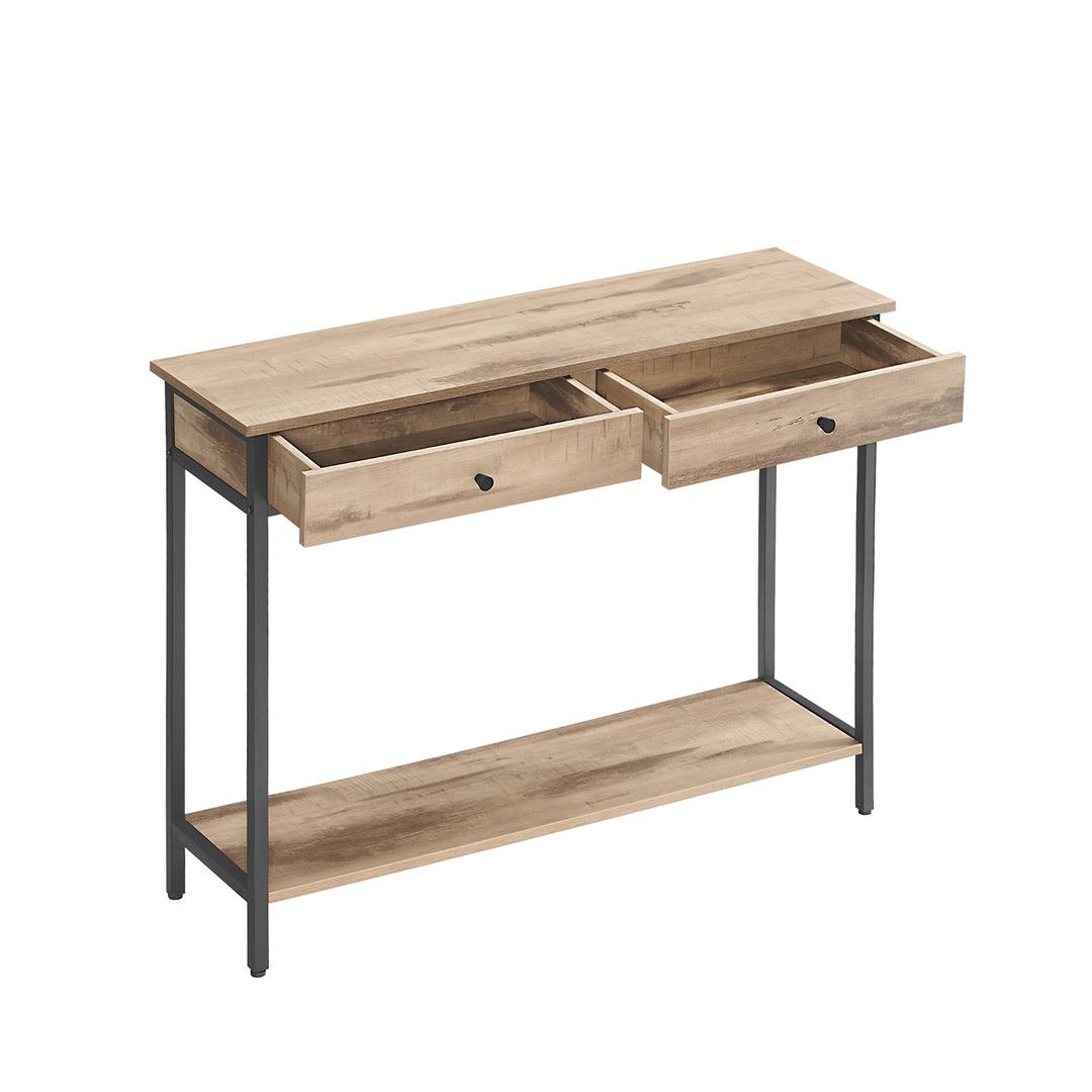 Smalle Sidetable met 2 Lades en Stalen Frame – Vintagebruin met Zwart Onderstel – Praktische Haltafel