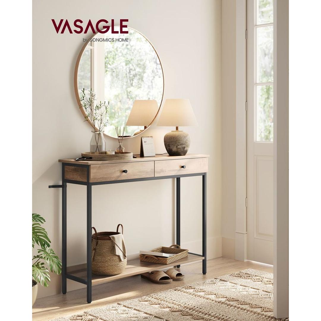 Consoletafel met 2 Lades en Stalen Frame – Industriële Entreetafel van Spaanplaat in Vintage Bruin-Zwart