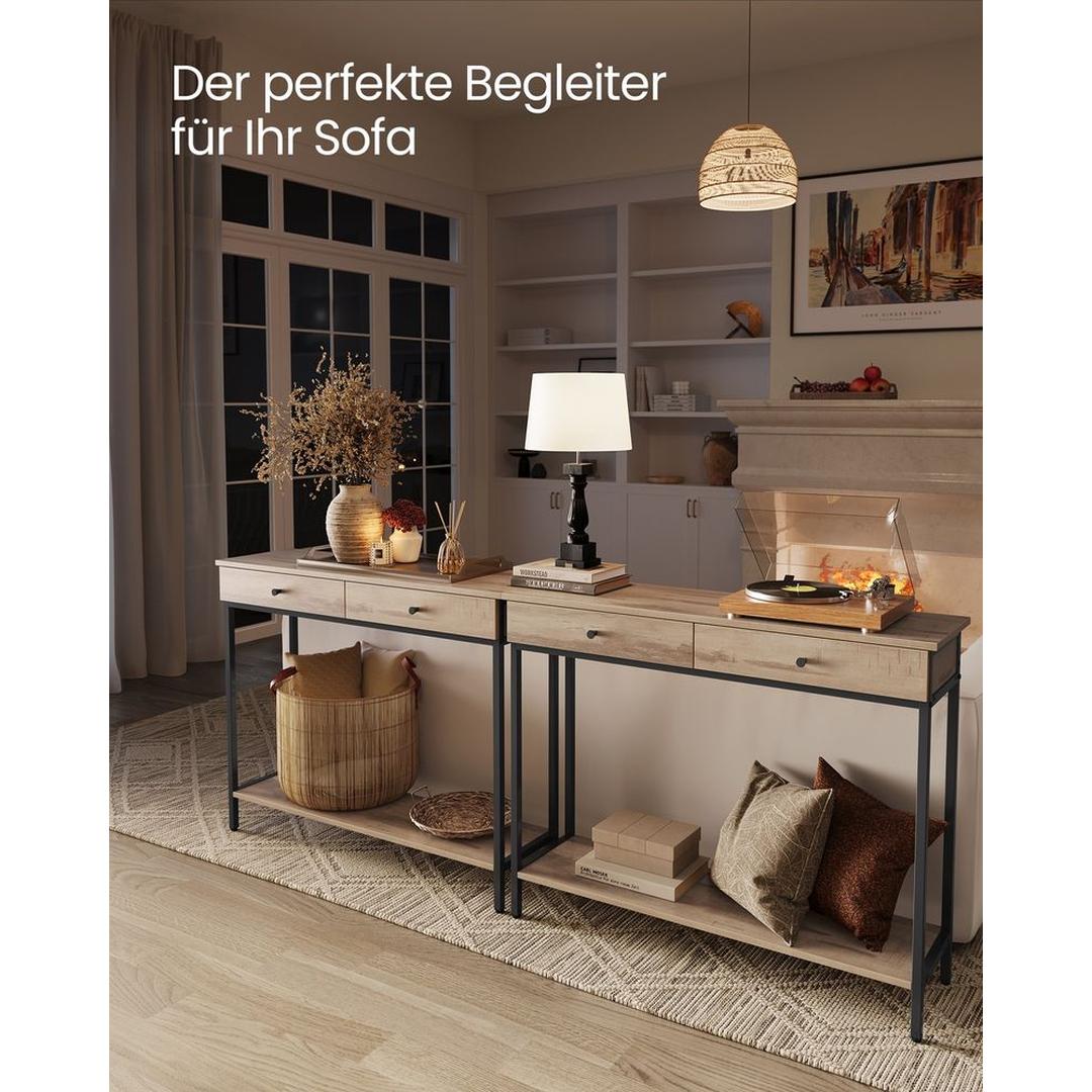 Consoletafel met 2 Lades en Stalen Frame – Industriële Entreetafel van Spaanplaat in Vintage Bruin-Zwart