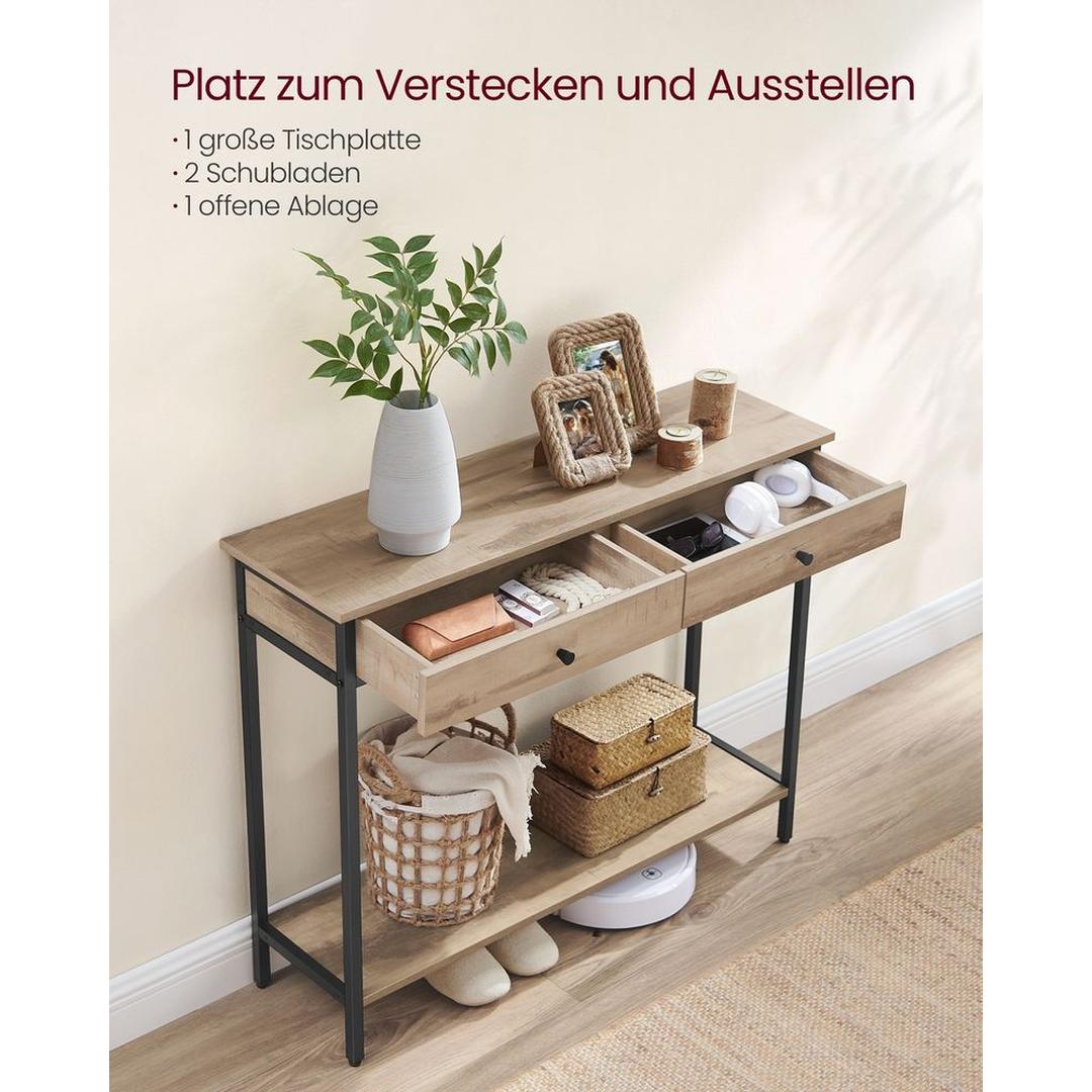 Consoletafel met 2 Lades en Stalen Frame – Industriële Entreetafel van Spaanplaat in Vintage Bruin-Zwart