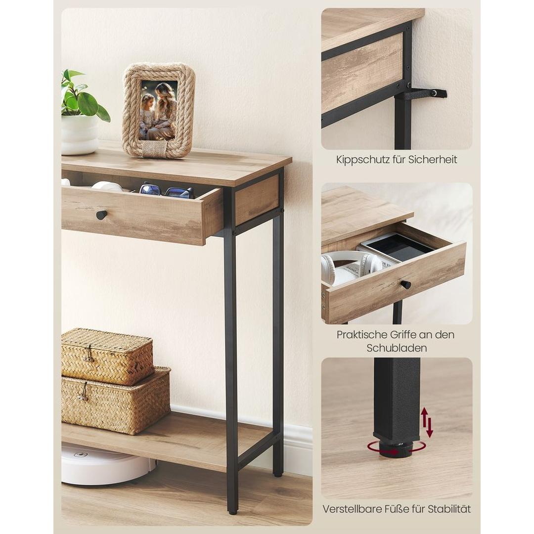 Consoletafel met 2 Lades en Stalen Frame – Industriële Entreetafel van Spaanplaat in Vintage Bruin-Zwart