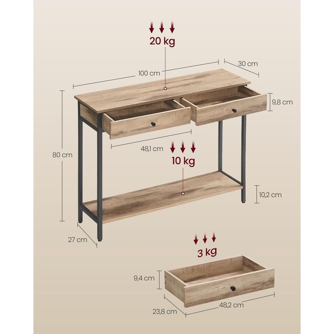 Consoletafel met 2 Lades en Stalen Frame – Industriële Entreetafel van Spaanplaat in Vintage Bruin-Zwart
