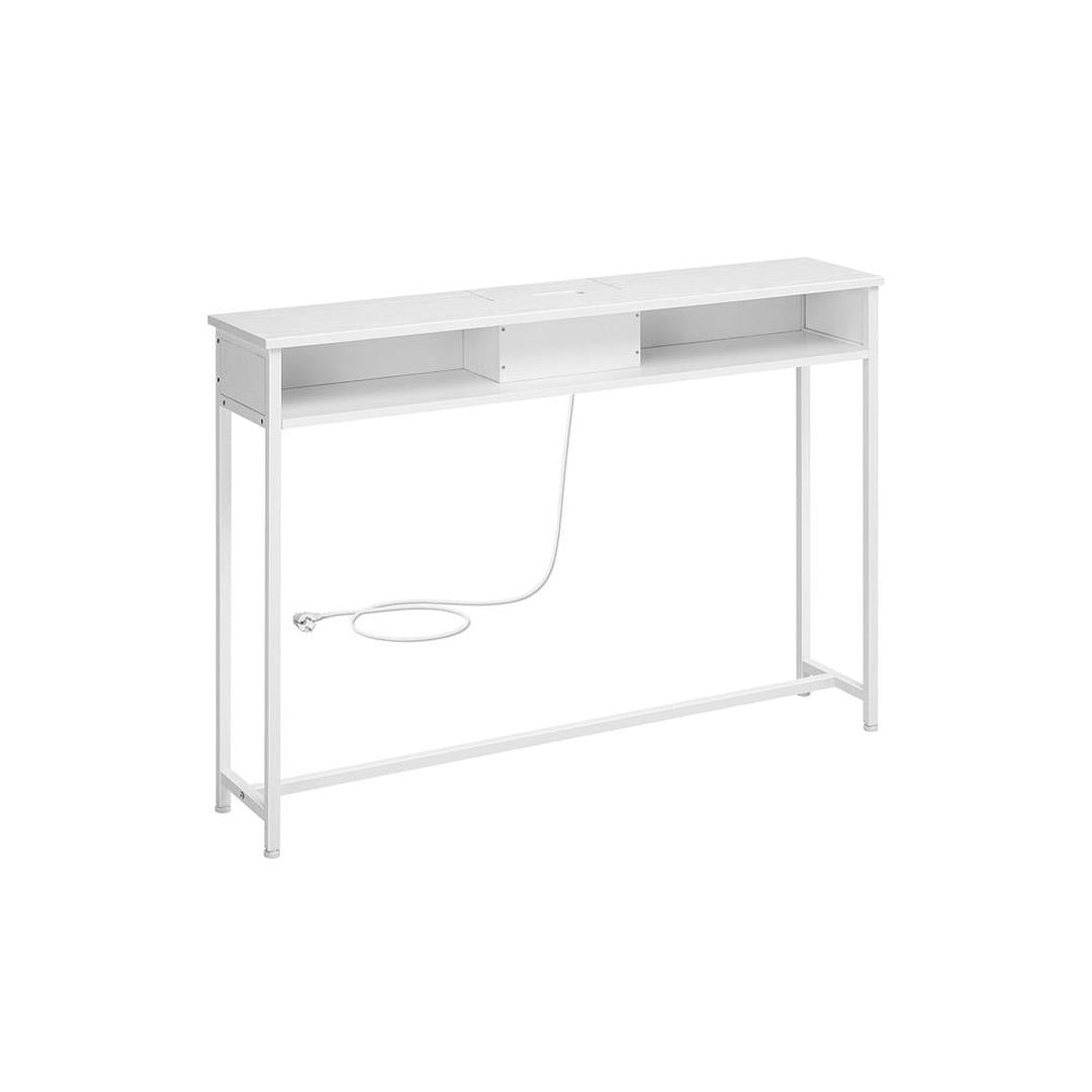 Smalle Consoletafel met Stopcontacten – Ruimtebesparende Tafel met USB-poorten en Opbergvakken in Sneeuwwit