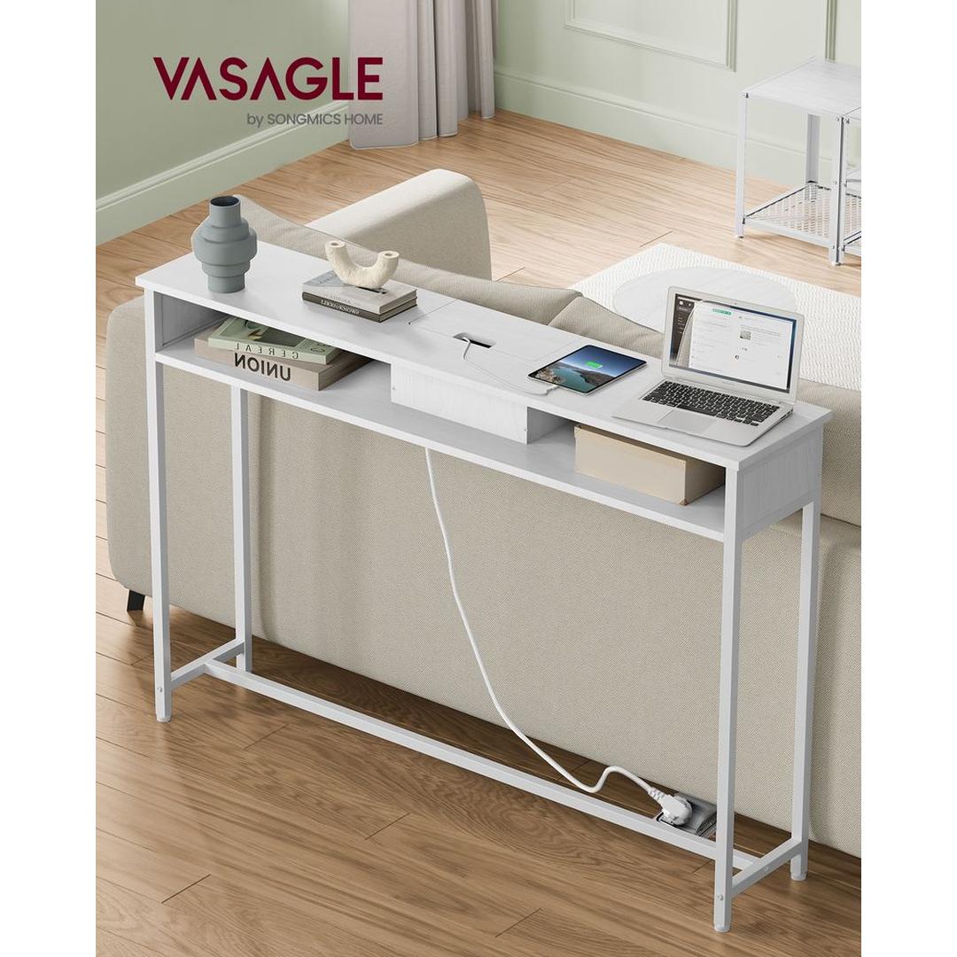 Smalle Consoletafel met Stopcontacten – Ruimtebesparende Tafel met USB-poorten en Opbergvakken in Sneeuwwit