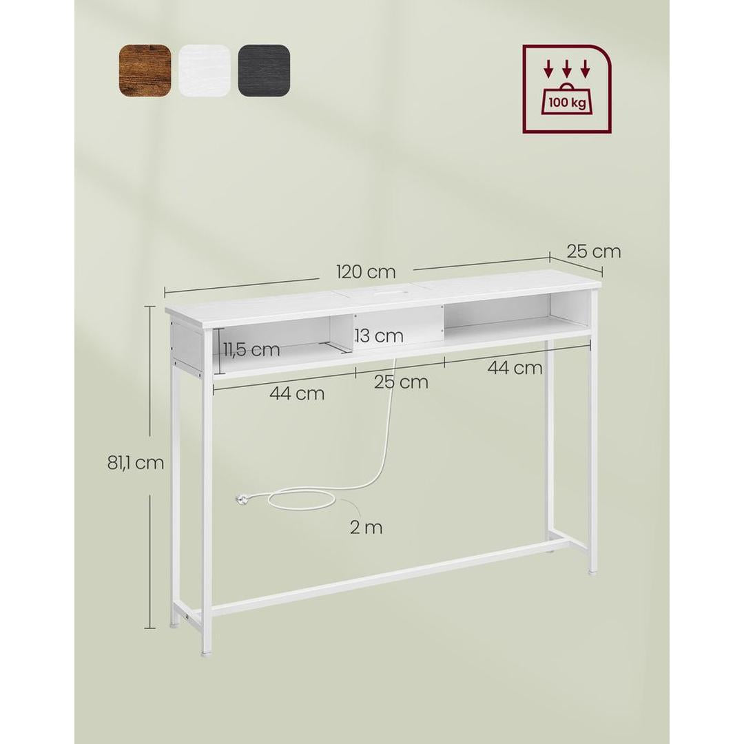 Smalle Consoletafel met Stopcontacten – Ruimtebesparende Tafel met USB-poorten en Opbergvakken in Sneeuwwit