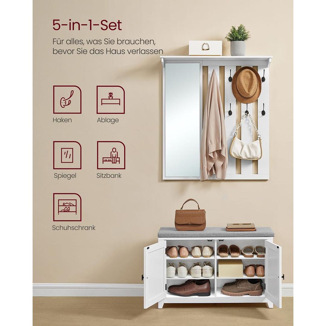 Wandkapstok en Schoenenbank Set – Halmeubel met Spiegel, Zitbank, Schoenenkast en Opbergrek
