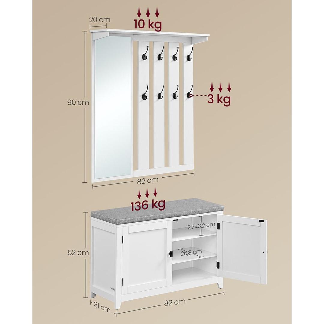 Wandkapstok en Schoenenbank Set – Halmeubel met Spiegel, Zitbank, Schoenenkast en Opbergrek