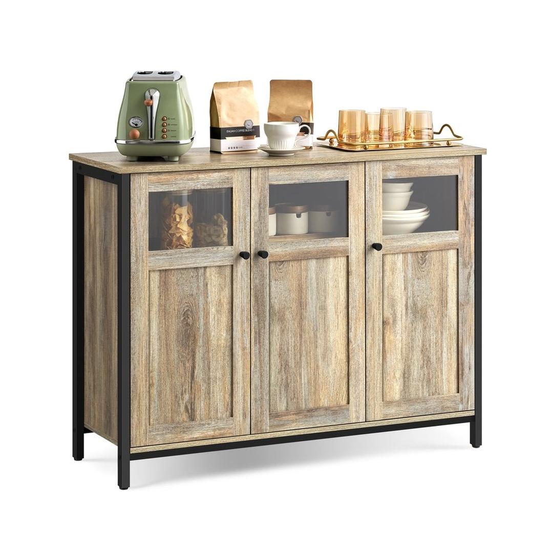 Dressoir in Vintage Bruin-Zwart – Industriële Opbergkast met Glazen Deuren en Verstelbare Legplanken