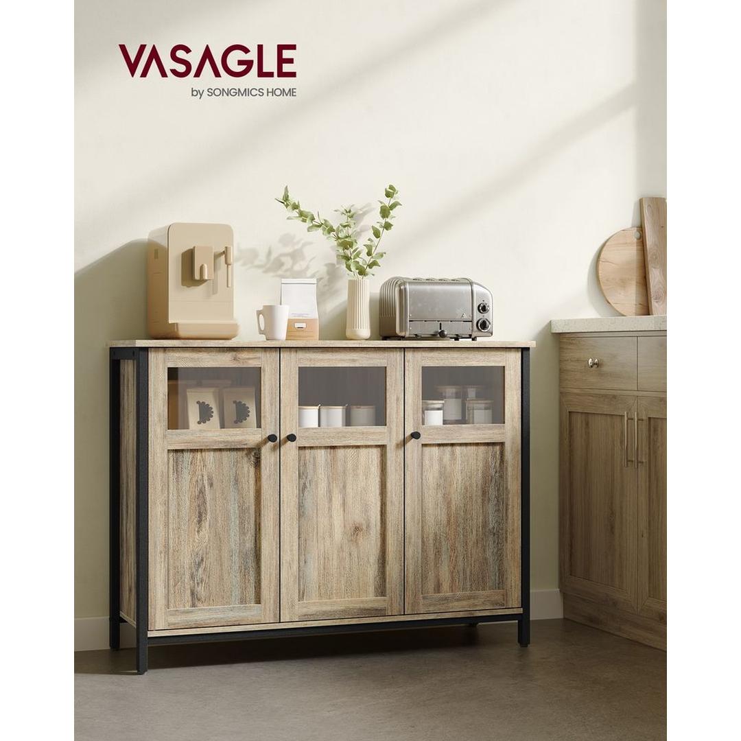 Dressoir in Vintage Bruin-Zwart – Industriële Opbergkast met Glazen Deuren en Verstelbare Legplanken