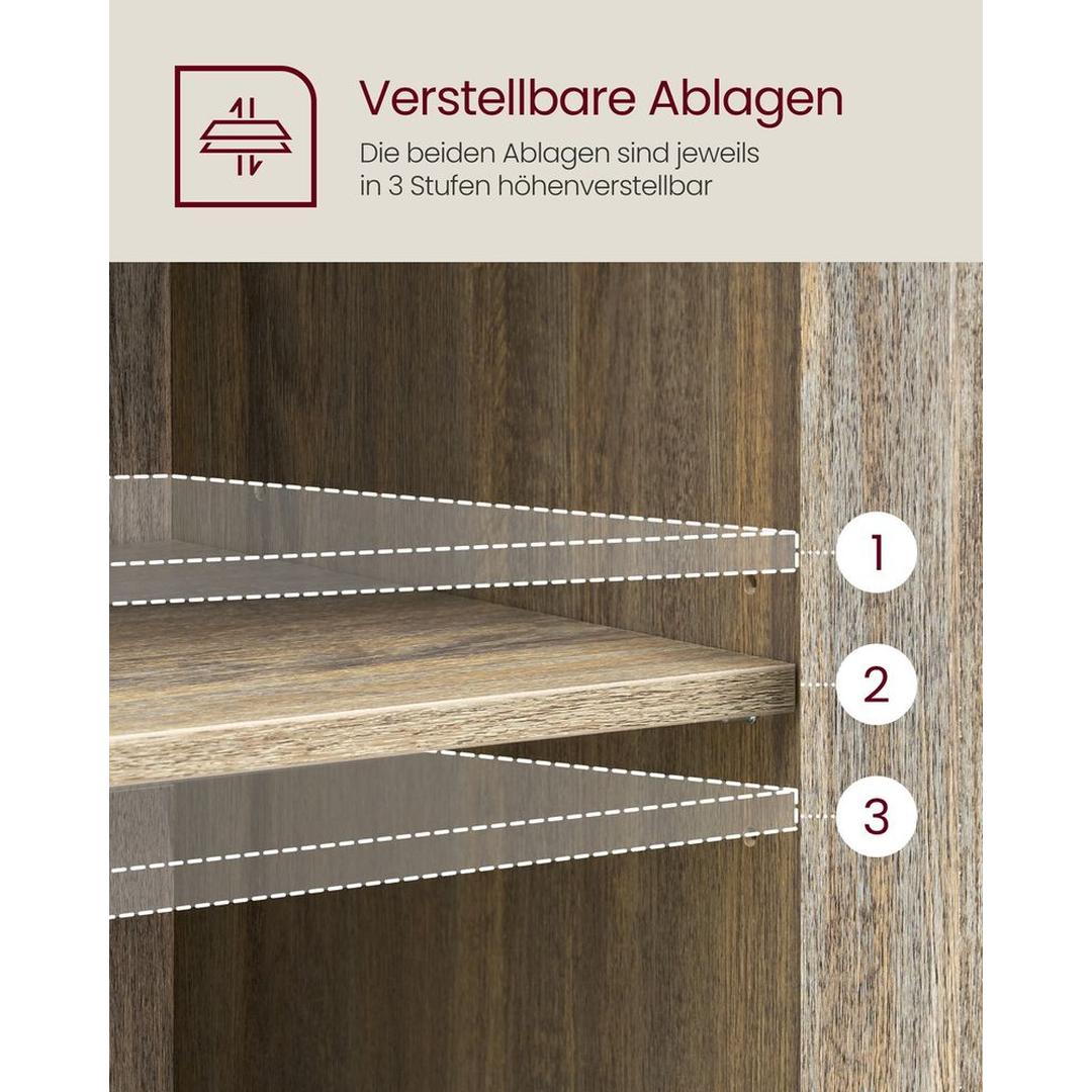 Dressoir in Vintage Bruin-Zwart – Industriële Opbergkast met Glazen Deuren en Verstelbare Legplanken