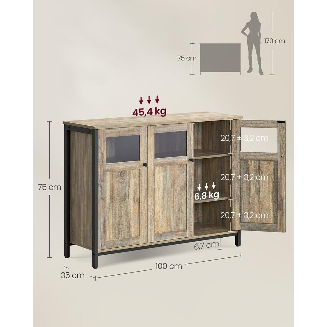 Dressoir in Vintage Bruin-Zwart – Industriële Opbergkast met Glazen Deuren en Verstelbare Legplanken