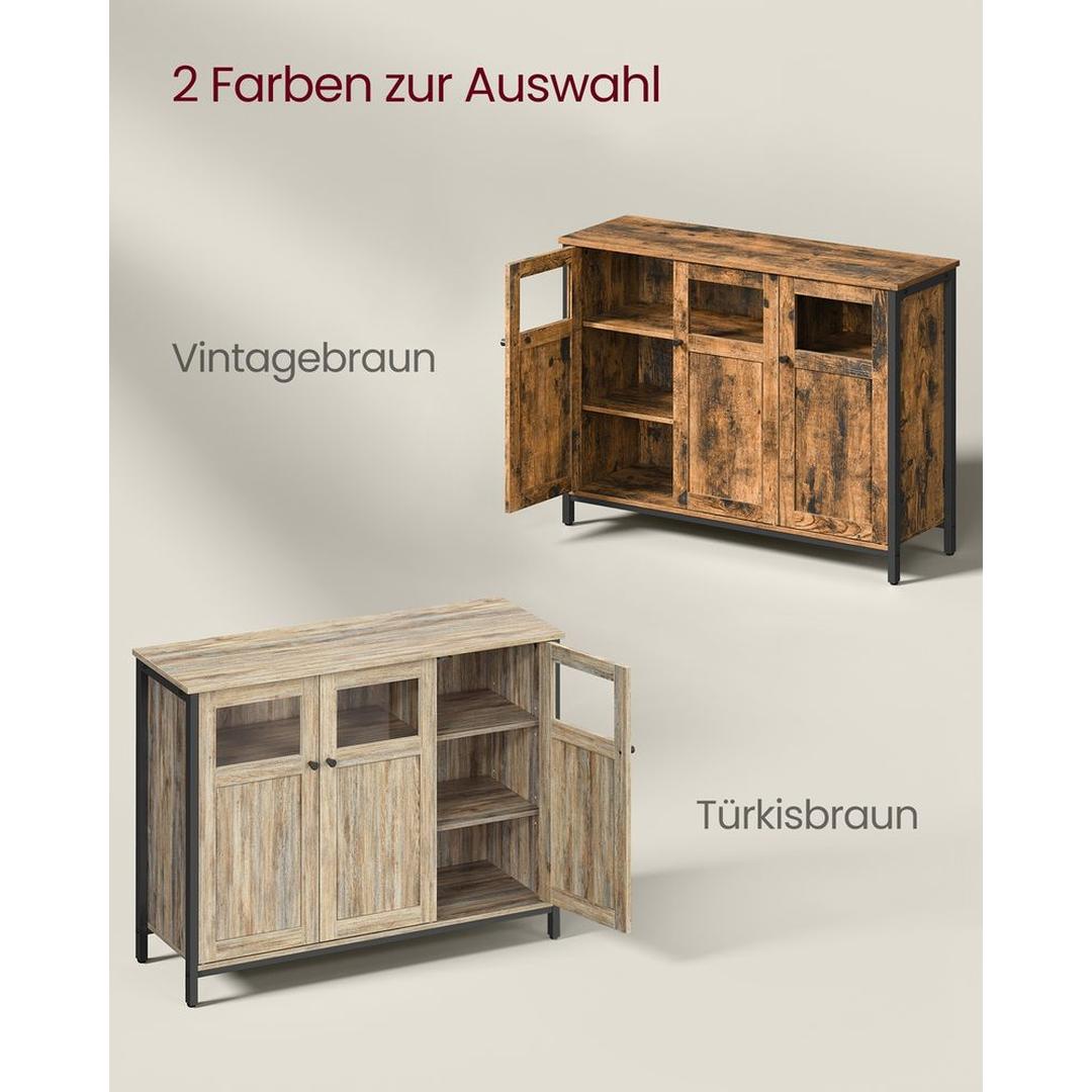 Dressoir in Vintage Bruin-Zwart – Industriële Opbergkast met Glazen Deuren en Verstelbare Legplanken