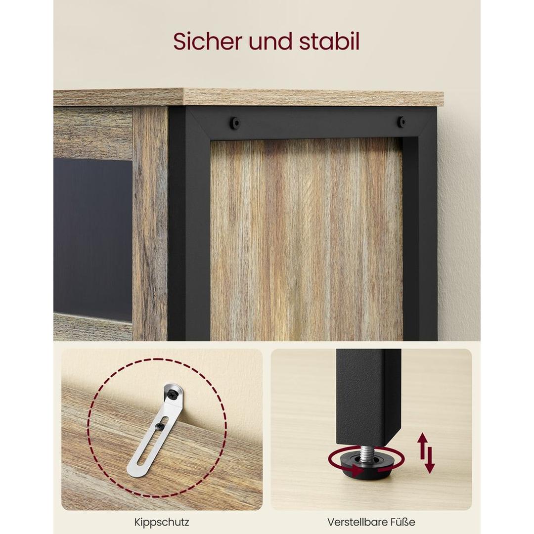 Dressoir in Vintage Bruin-Zwart – Industriële Opbergkast met Glazen Deuren en Verstelbare Legplanken