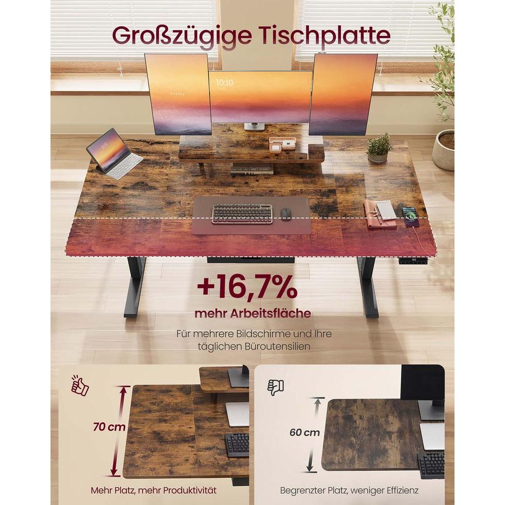 In Hoogte Verstelbaar Bureau met Monitorstandaard en USB-Aansluitingen – Ergonomisch Werkbureau voor Thuis en Kantoor