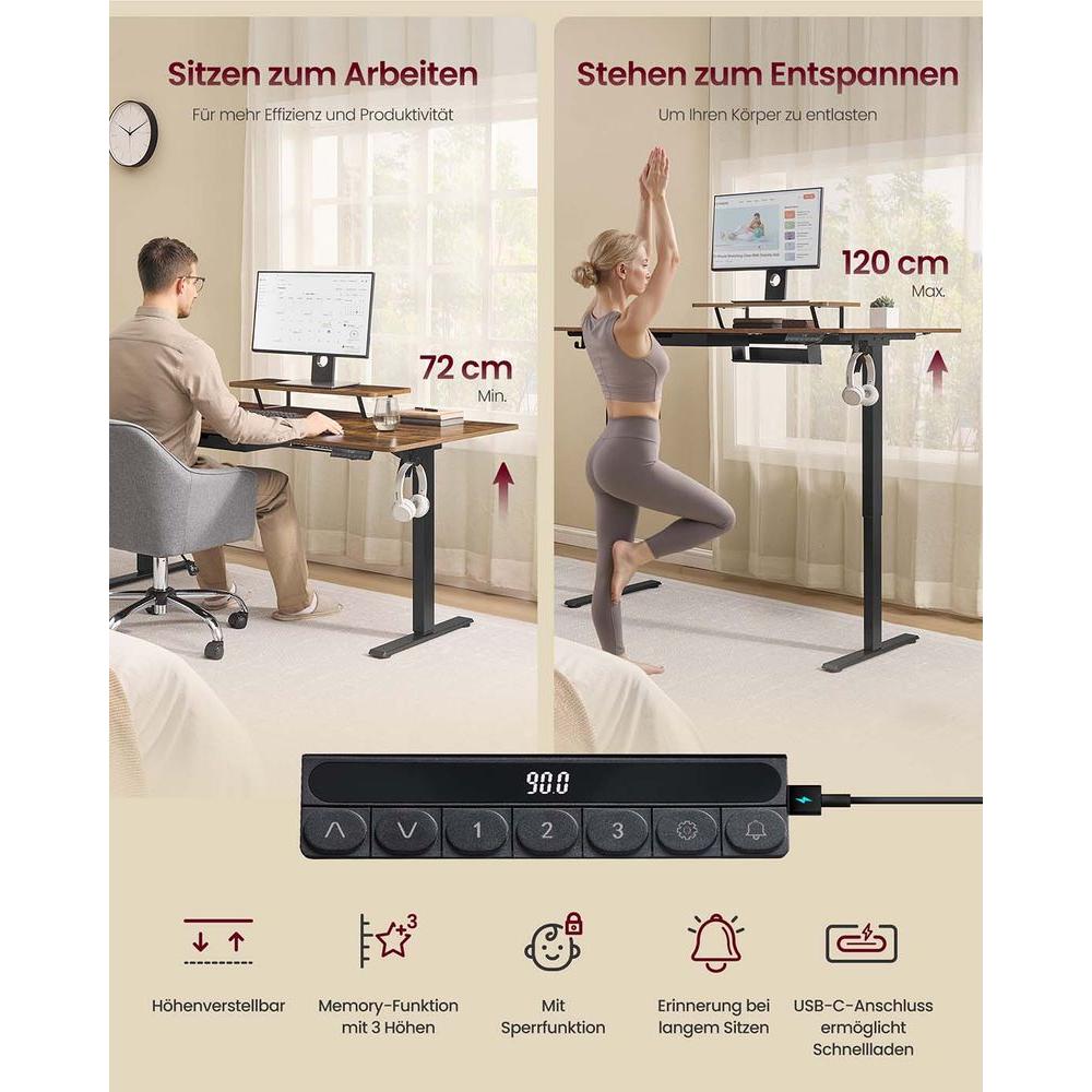 In Hoogte Verstelbaar Bureau met Monitorstandaard en USB-Aansluitingen – Ergonomisch Werkbureau voor Thuis en Kantoor