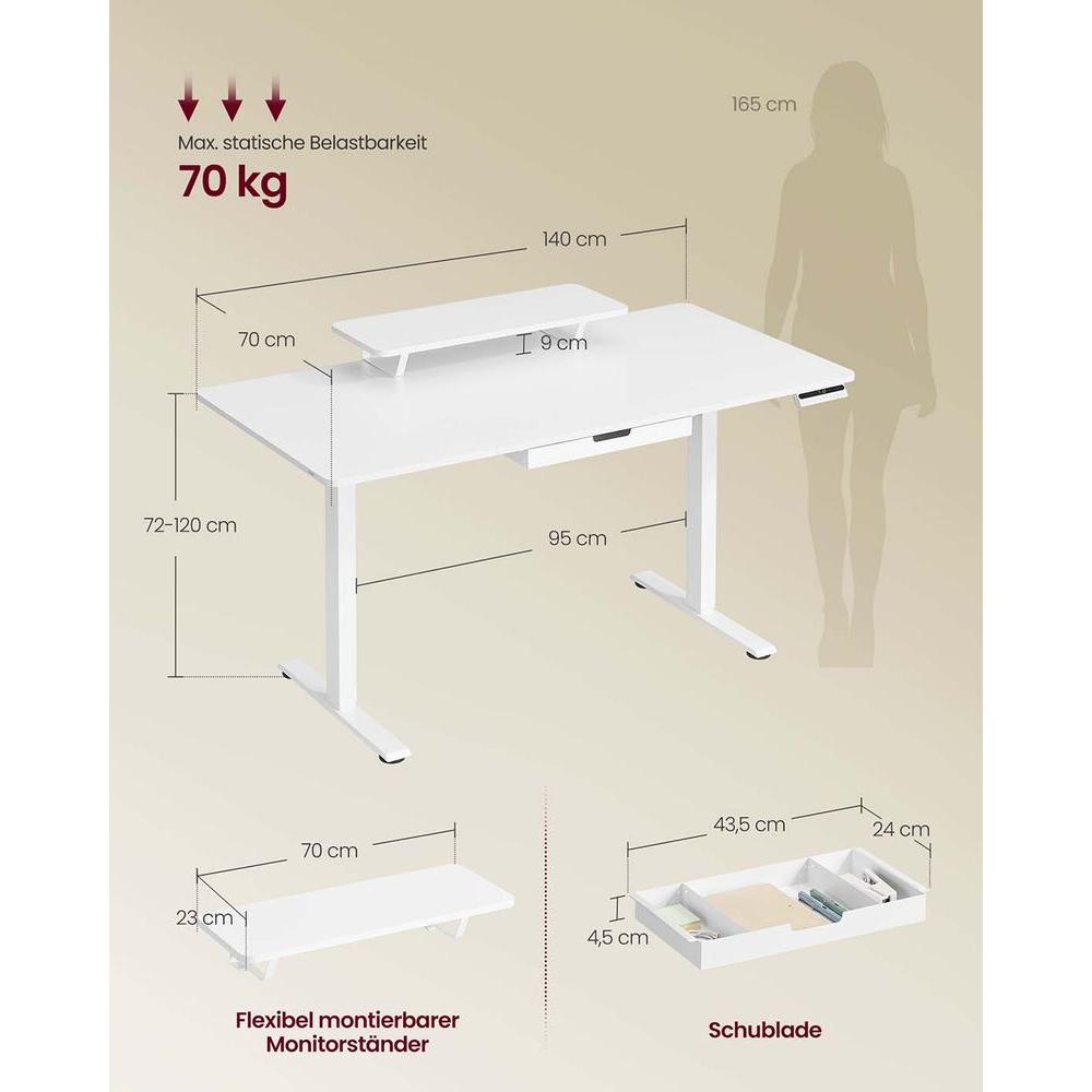 In Hoogte Verstelbaar Bureau met Monitorstandaard en USB-Aansluitingen – Ergonomisch Werkbureau voor Thuis en Kantoor
