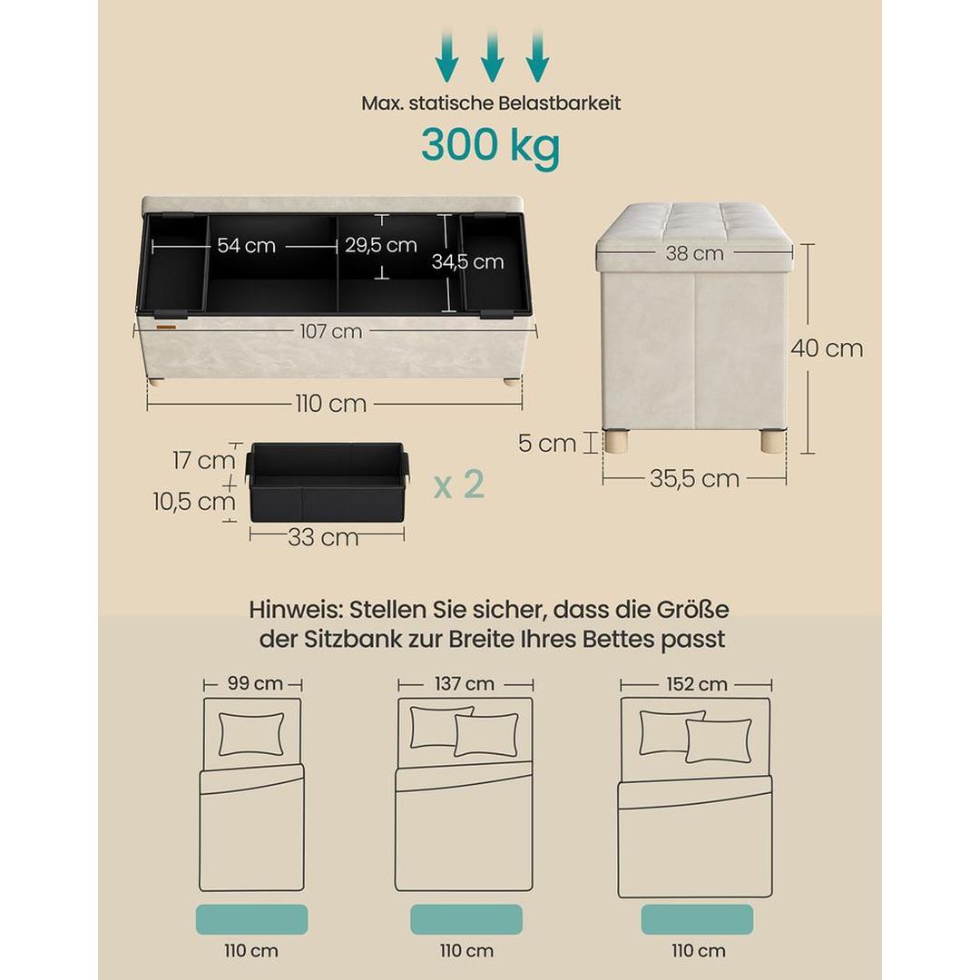 Opvouwbare fluwelen opbergkruk – 110 cm breed, 112 liter inhoud, draagvermogen tot 300 kg