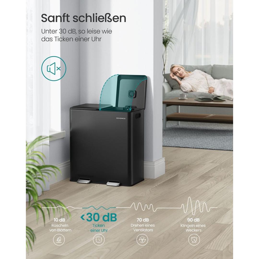Afvalscheider met 2 Compartimenten – Metalen Pedaalemmer met Soft-Close Deksel en Uitneembare Binnenemmers, 2 × 30 L