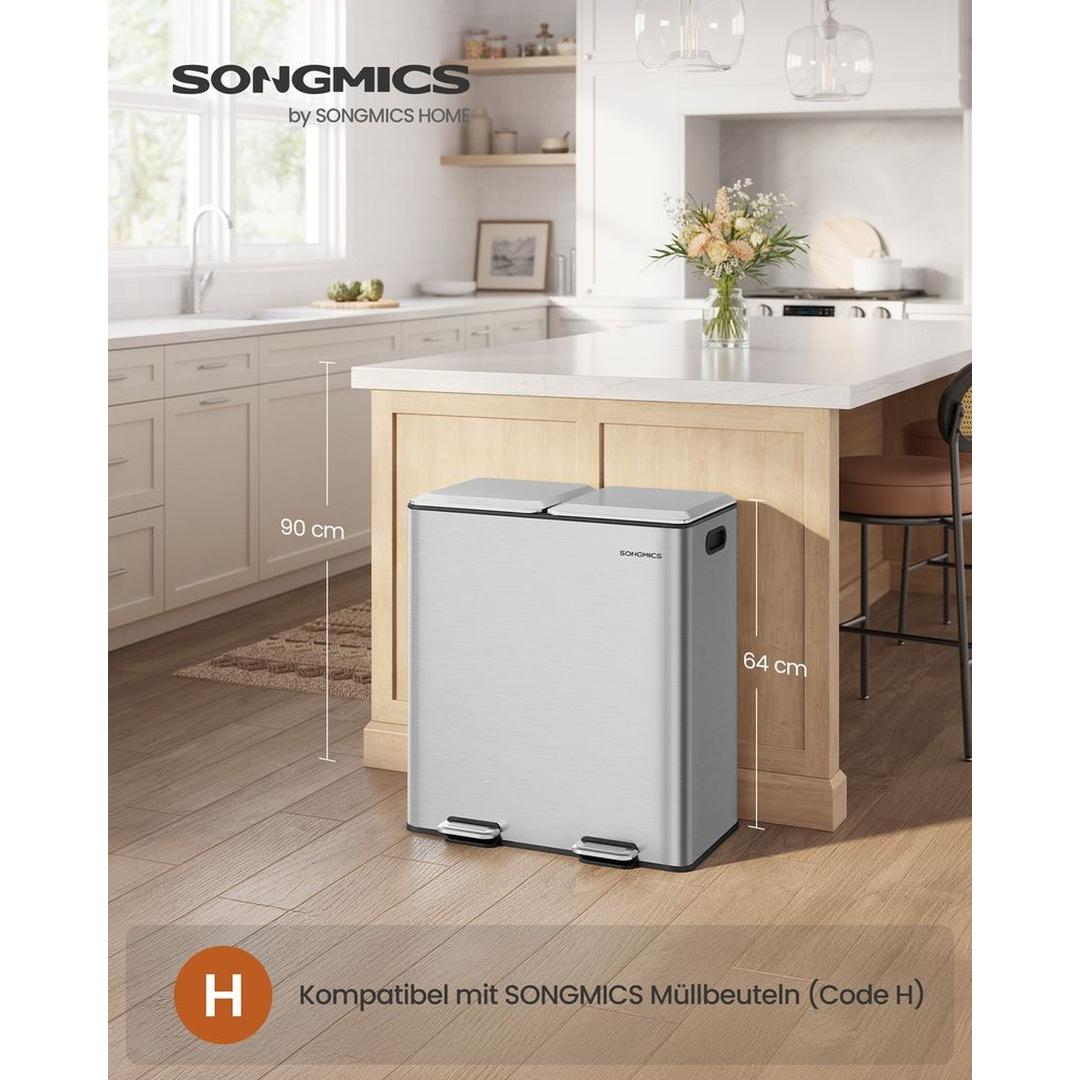 Afvalscheider met 2 Compartimenten – Metalen Pedaalemmer met Soft-Close Deksel en Uitneembare Binnenemmers, 2 × 30 L