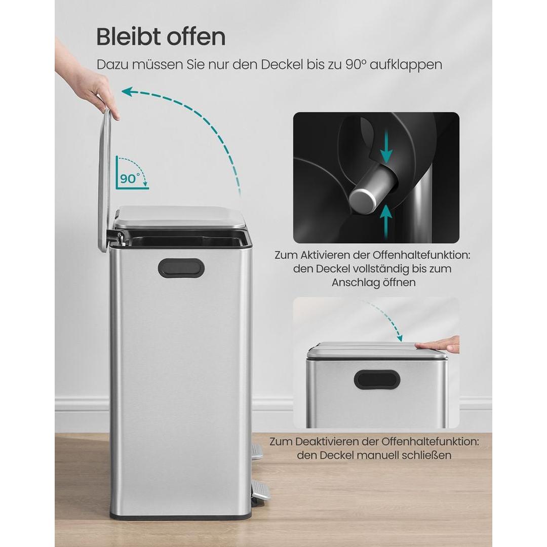 Afvalscheider met 2 Compartimenten – Metalen Pedaalemmer met Soft-Close Deksel en Uitneembare Binnenemmers, 2 × 30 L