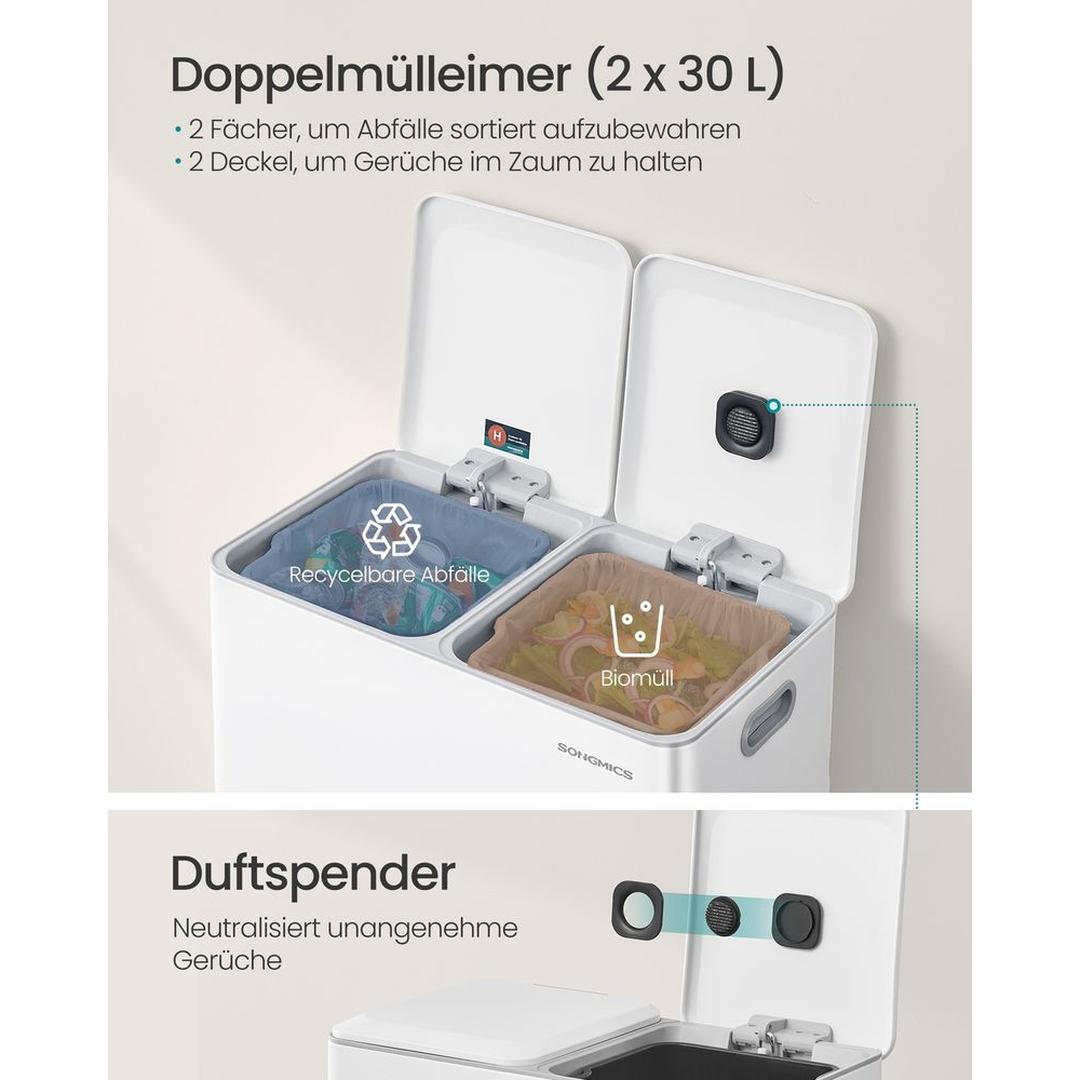 Afvalscheider met 2 Compartimenten – Metalen Pedaalemmer met Soft-Close Deksel en Uitneembare Binnenemmers, 2 × 30 L