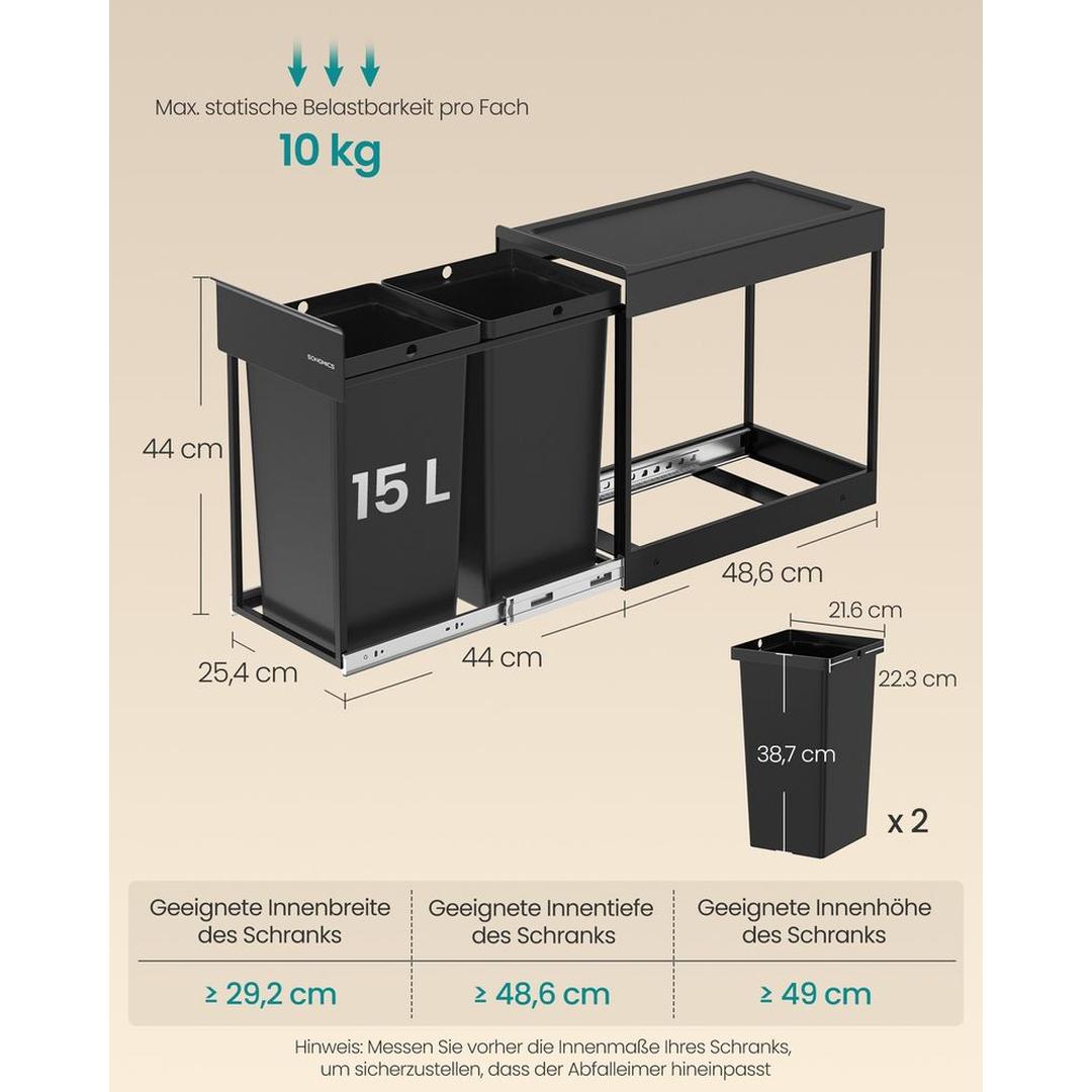 Uittrekbare Prullenbak voor Keukenkast met 2 Compartimenten – Afvalscheider met 2 × 20 L Binnenemmers