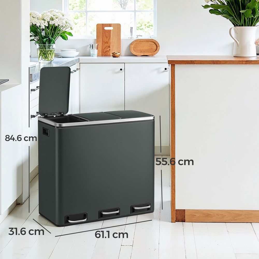 Pedaalemmer met 3 Vakken – Afvalscheidingsbak voor Gescheiden Afval in Keuken of Bijkeuken