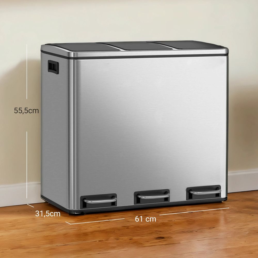 Pedaalemmer met 3 Vakken – Afvalscheidingsbak voor Gescheiden Afval in Keuken of Bijkeuken